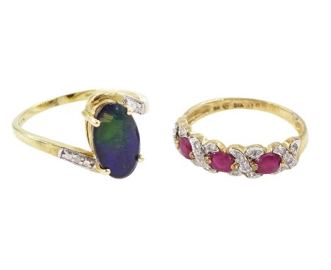 Gold ruby and diamond ring and a gold ammolite and diamond ring, both 9ctCondition Report:Approx 4.7gm, ruby size P, other si