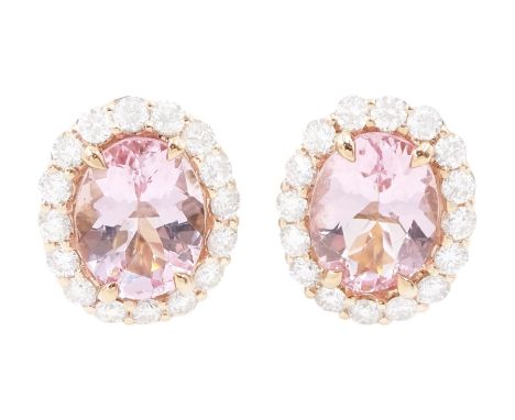 Pair of 18ct rose gold oval cut morganite and round brilliant cut diamond cluster stud earrings, total morganite weight appro