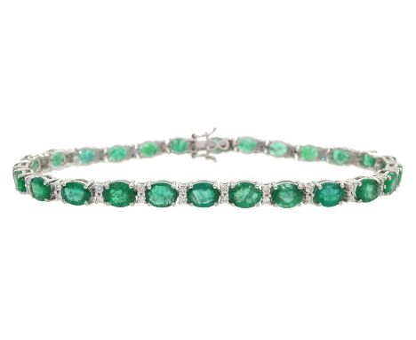 18ct white gold oval cut emerald and round brilliant cut diamond bracelet, stamped, total emerald weight 7.50 carat, diamond 