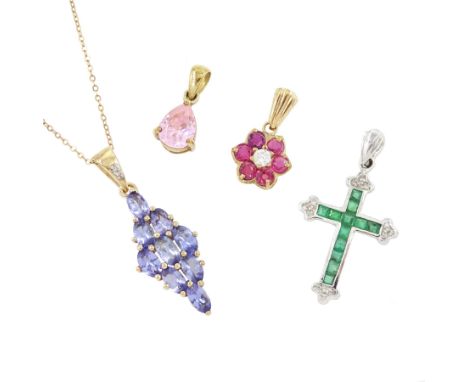 18ct white gold emerald and diamond cross pendant and three 9ct gold pendants including tanzanite and topazCondition Report:1