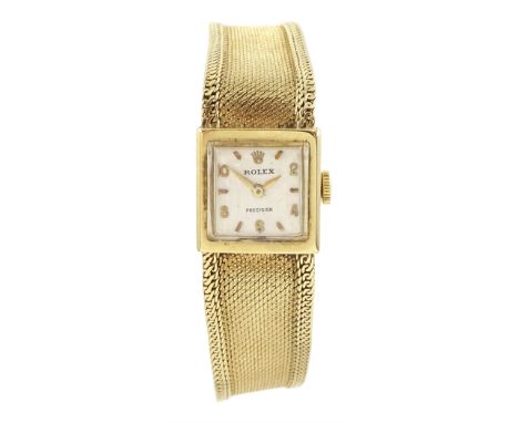 Rolex Precision ladies 9ct gold manual wind wristwatch, square silvered dial with baton and Arabic hour markers, London 1964,