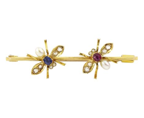 Early 20th century gold sapphire, ruby, pearl and old cut rose cut diamond double insect brooch, stamped 15ctCondition Report