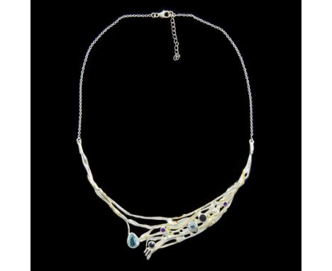 Silver and 14ct gold wire blue topaz, amethyst and iolite necklace, stamped 925Condition Report:Length = approx 48cm, good co