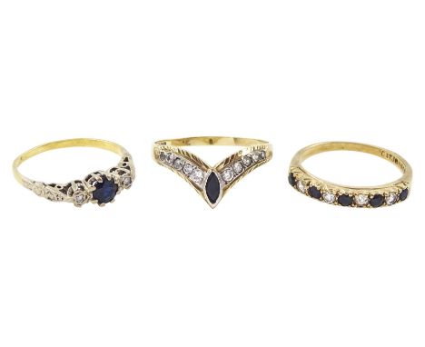 18ct gold three stone sapphire and diamond ring and two 9ct gold cubic zirconia ringsCondition Report:18ct approx 2.55gm, siz