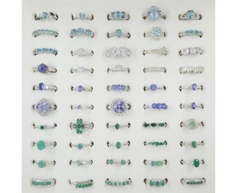 Fifty silver stone set rings including tanzanite, apatite, zircon and topaz