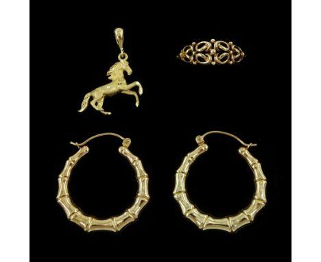 Pair of gold bamboo design hoop earring, gold openwork ring, both 9ct and a 14ct gold horse pendant / charmCondition Report:9