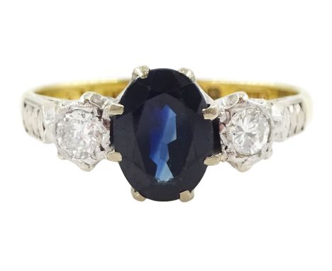 18ct gold three stone oval cut sapphire and round brilliant cut diamond ring, Birmingham 1967, sapphire approx 1.15 carat, to