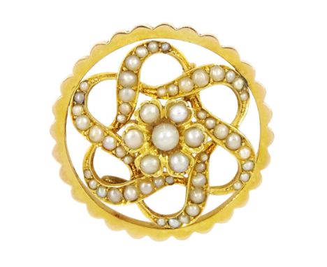 Early 20th century gold pearl circular brooch, stamped 15ctCondition Report:Approx 7.3gm, tested 15ct, diameter = 27mm, pin b