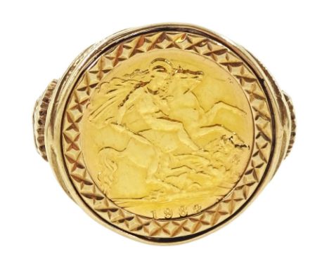 Queen Elizabeth II 1982 gold half sovereign coin, loose mounted in 9ct gold ring, hallmarkedCondition Report:Approx 10.25gm, 