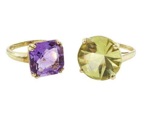 Gold single stone asscher cut amethyst ring and a gold single stone citrine ring, both hallmarked 9ctCondition Report:Approx 