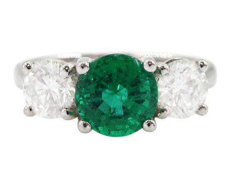 18ct white gold three stone emerald and round brilliant cut diamond ring, hallmarked, total diamond weight approx 1.30 carat,