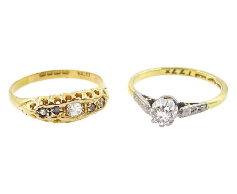 18ct gold single stone round brilliant cut diamond ring, stamped and an early 20th century 18ct gold five stone rose cut diam