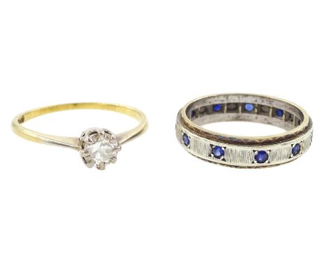 18ct gold single stone single cut diamond ring, stamped, diamond approx 0.40 carat and a 9ct white gold sapphire full eternit