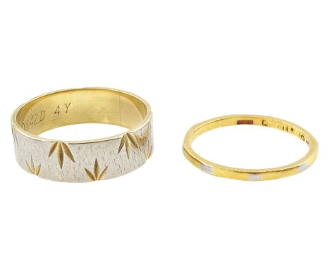 22ct white and yellow gold band and a 9ct gold wedding bandCondition Report:22ct approx 1.9gm, tested 22ct, size O-P, max dep