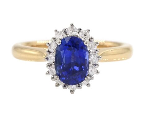 18ct rose gold oval cut sapphire and round brilliant cut diamond cluster ring, hallmarked, sapphire approx 1.25 caratConditio