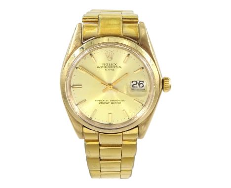 Rolex Oyster Perpetual Date gentleman's 9ct gold automatic wristwatch, Ref. 1500, serial No. 927211, gilt dial with baton hou