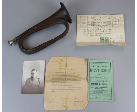 1914-1918 WWI bugle by Douglas of Glasgow with photo and paperwork 