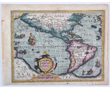 MAP OF AMERICAS. Mercator, Gerard, Americae Descrip. 1607 or later. 154mm x 198mm. Latin text to verso (from Ortelius's Atlas