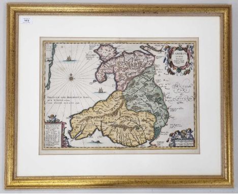 Lloyd, Humphrey, Map of Cambriae (Wales), 17th century, 348mm x 495mm. Hand coloured, in gilt frame.