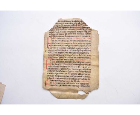 MANUSCRIPT VELLUM LEAF, probably 15th century. Latin text with red highlights. With 3 leaves, folio, from the end of the book