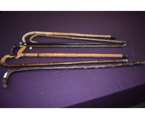An assortment of seven sticks of varying lengths from 93cm to 79cm long including a silver topped swagger stick