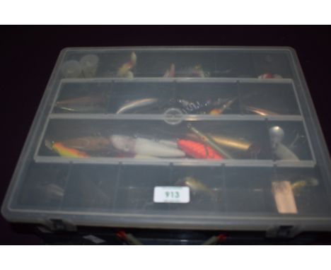 A double sided tackle box containing approx 80 lures mostly articulated  abu garcia  rapala etc
