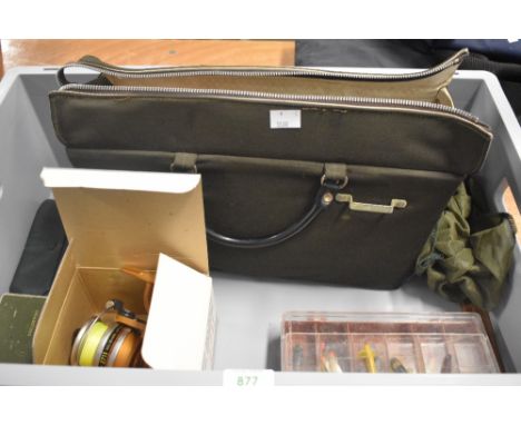 A tray of vintage fishing tackle including Shakespeare reel, lures and minnows cast wallet flies etc
