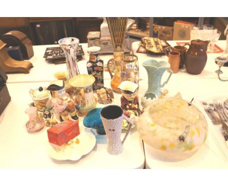 Selection of toby jugs, vases etc including glass ceiling light shade 