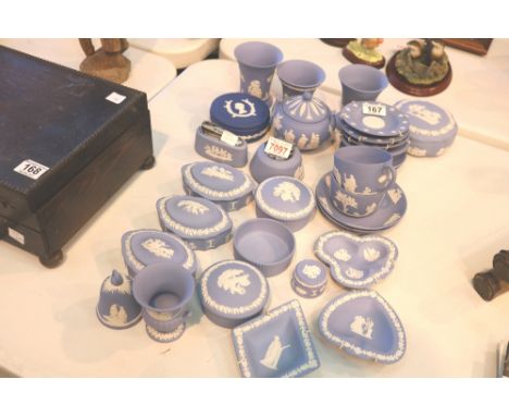 Aproximately 30 pieces of Wedgwood blue and white including trinket boxes, vases, hanging plates, cups and saucers etc 
