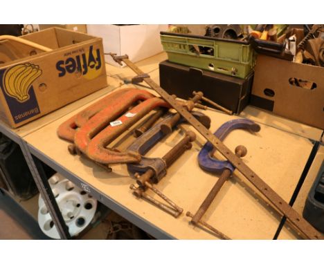 Seven large G clamps and a sash clamp 