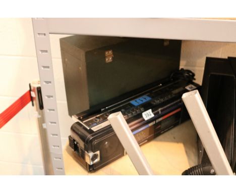 Twin deck cassettes recorder, DVD player, digital set top box and vintage record storage box 
