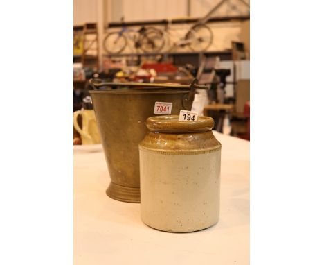 Stoneware jar and brass coal bucket 