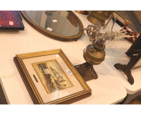 Brass oil lamp and framed picture
