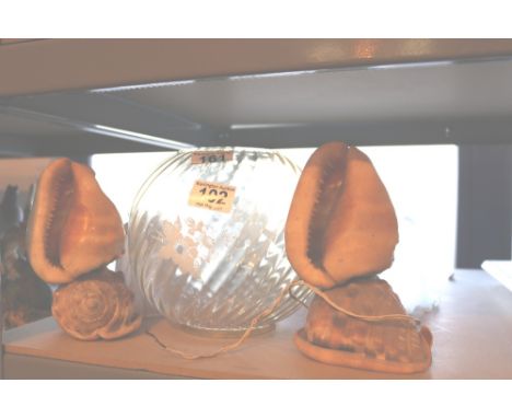 Collection of glass light shades and a pair of unusual shell lights 