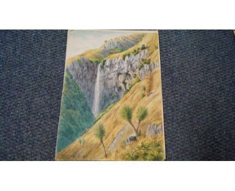 Of topographical interest: L W Wilson, 'Waterfall, Mount Steed, Rakaia Gorge, Canterbury, New Zealand' initialled and dated 1