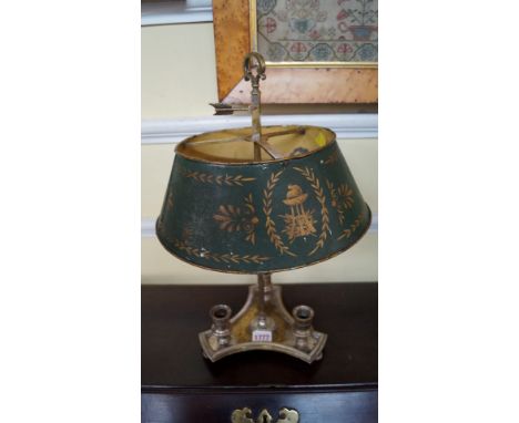 An old electroplated three light library lamp, with toleware shade and triform base, height 44.5cm.  