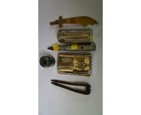 A Trench Art brass letterknife; together with a vintage hand warmer; and other items. 