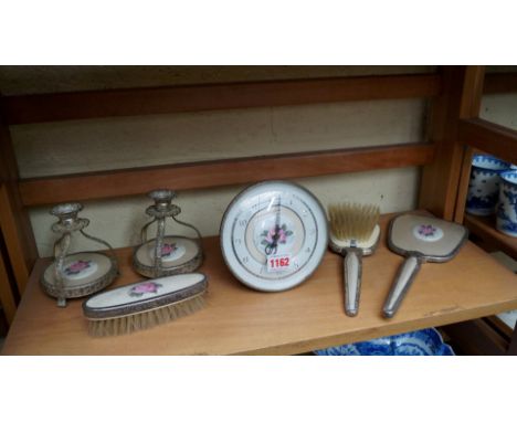 A vintage dressing table set, to include an easel back timepiece. 