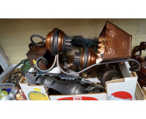A mixed lot of metalware, to include candlesticks and light fittings. 