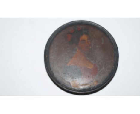 A 19th century stobwasser style circular snuff box and cover, the cover painted with a portrait of a bust-length lady, 9.5cm 