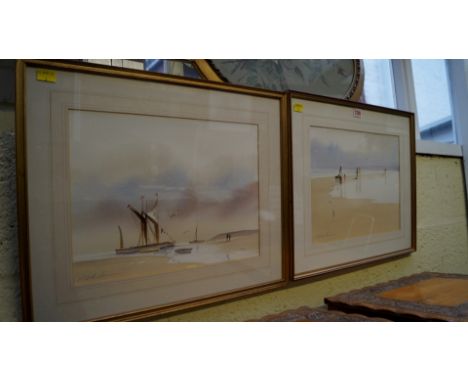 John R..., figures on a shoreline, a pair, indistrinctly signed, watercolour, 27 x 37cm.