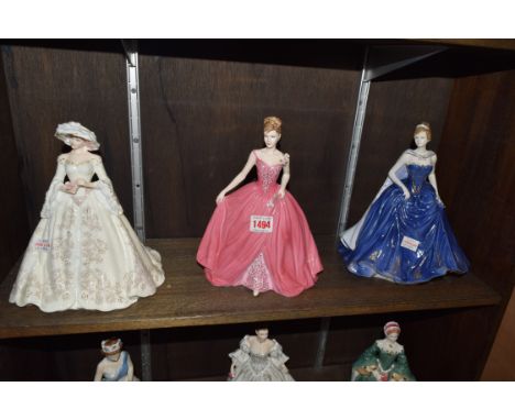 Three Coalport figures, comprising: 'The Midwinter Ball, Carolyn'; 'The Jubilee Charity Ball, Victoria'; and 'The Royal Garde