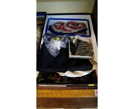 A collection of beadwork purses, lace, textiles and related. 