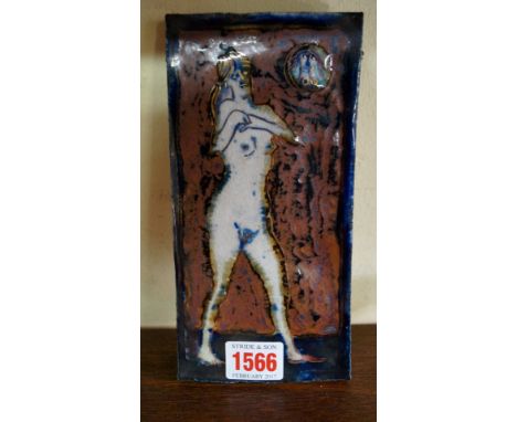 An Eric Mellon pottery tile, painted with a standing nude, signed and inscribed to the edge '1999 Elm Ash', 19 x 9.5cm. 