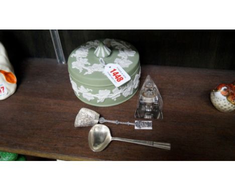 A silver feeding spoon; together with another Continental silver sugar spoon; a Wedgwood green jasperware circular box and co