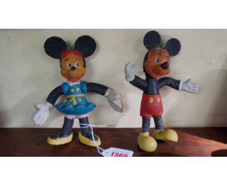 A pair of vintage coloured rubber Mickey & Minnie Mouse figures, 16cm high. 