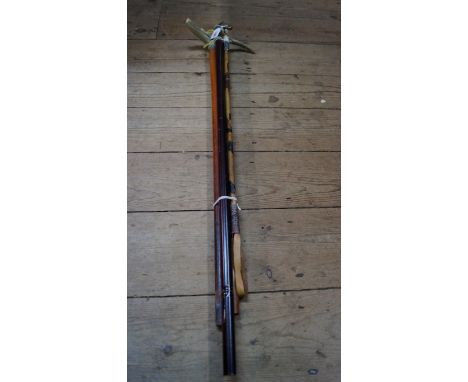 An antler handled malacca walking stick; together with another silver mounted antler handled bamboo stick; and two others. 