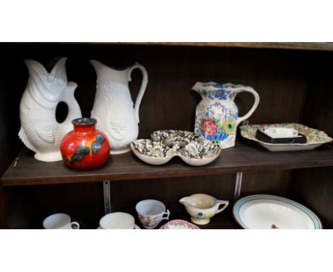 A mixed lot of pottery, to include a Masons Strathmore pattern jug; a Royal Winton trefoil dish; a Poole vase; etc. 