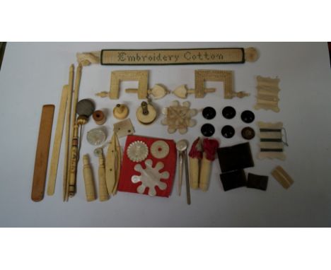 Of sewing interest: a collection of 19th century bone and mother of pearl sewing items. 