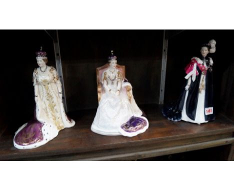 Three Royal Worcester Royal figures, comprising: 'The Order of the Garter'; 'Queen Elizabeth II' in coronation robes; and 'Qu
